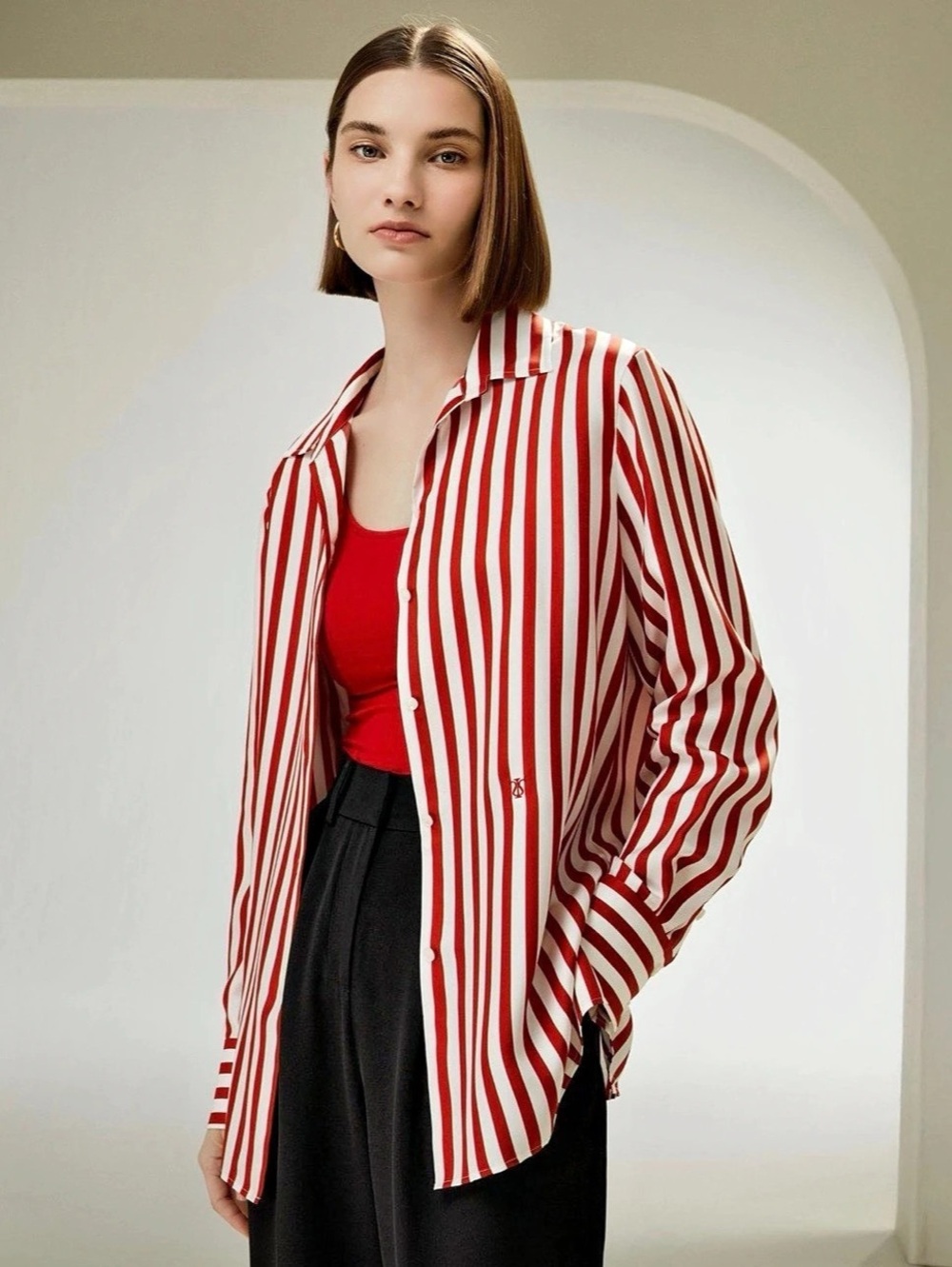 LilySilk Amalfi Stripe Silk Shirt Redu & White Size Large - Picture 3 of 10